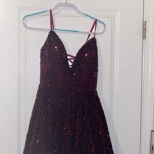 Selling an Etsy sequin burgundy red ball gown prom/evening dress.